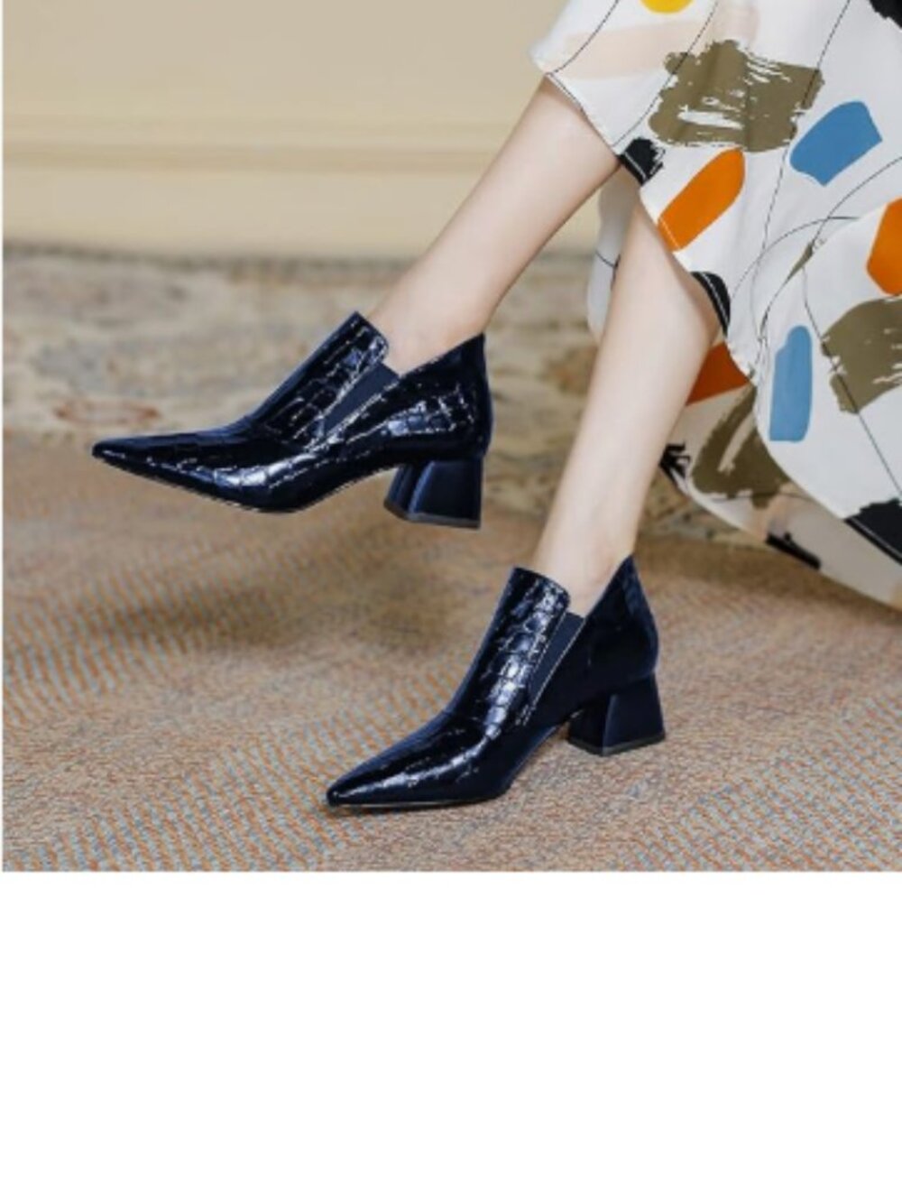 YDN Navy Sexy Pointed Toe Ankle Boots Chunky Low Heel Booties Pull on Shoe